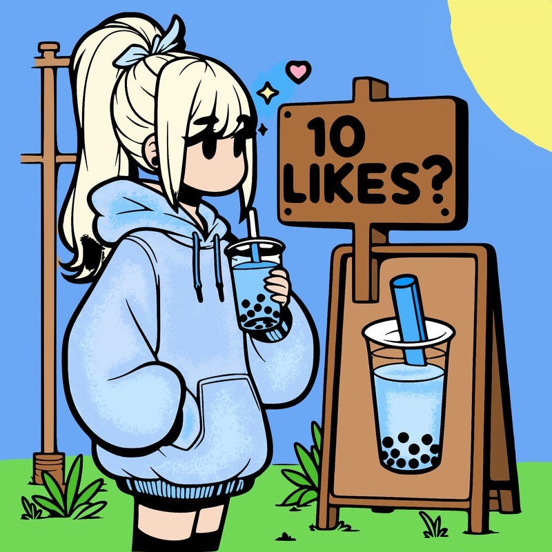 girl with oversized hoodie drinking boba and she has a high ponytail with a sign that says 10likes?