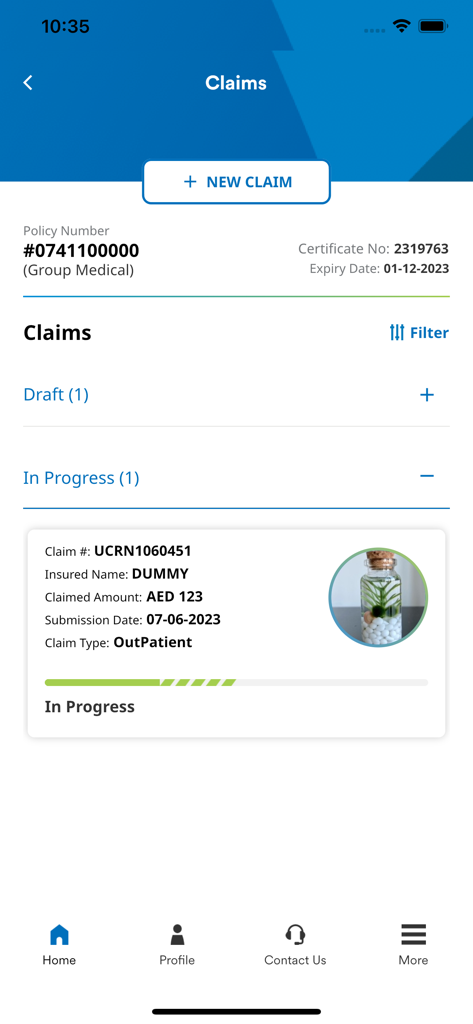 myMetLife Plus - The myMetLife Plus app interface showing a dashboard for medical insurance claims with a claim in progress status and a button to submit a new claim.