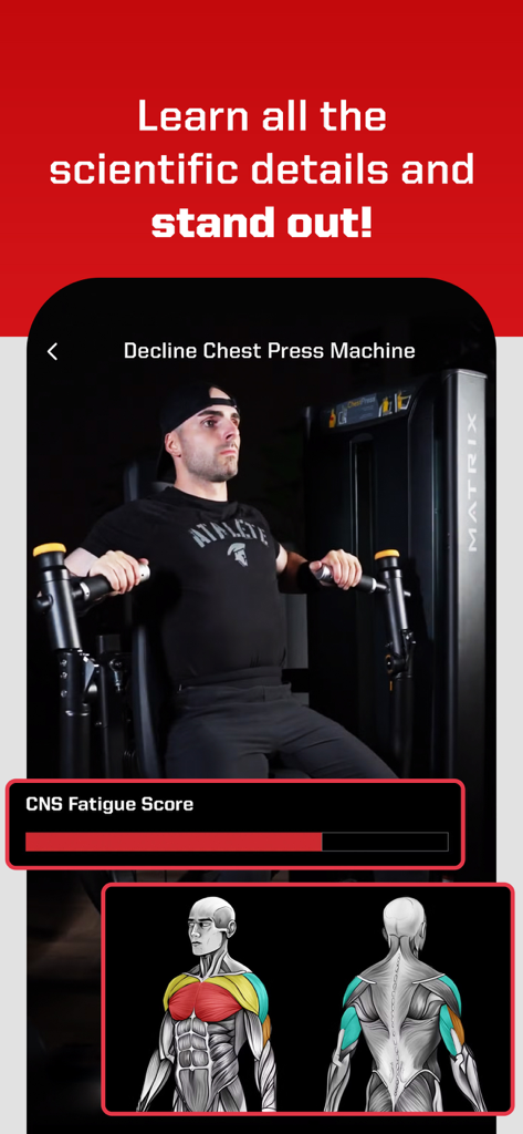 Fitness Exercises: Lightweight - Lightweightアプリのディップチェストプレス画面。疲労スコアと筋肉ヒートマップを表示。