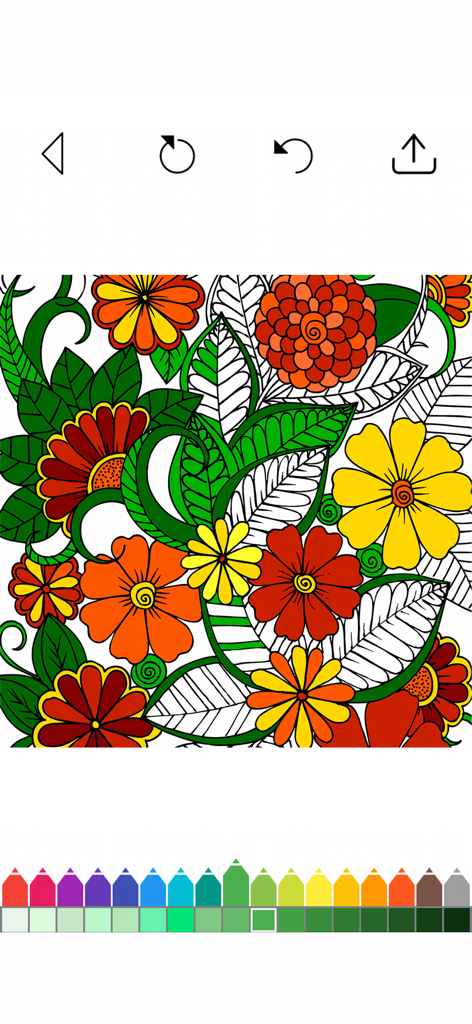 Digital coloring page with floral patterns and a vibrant color palette.