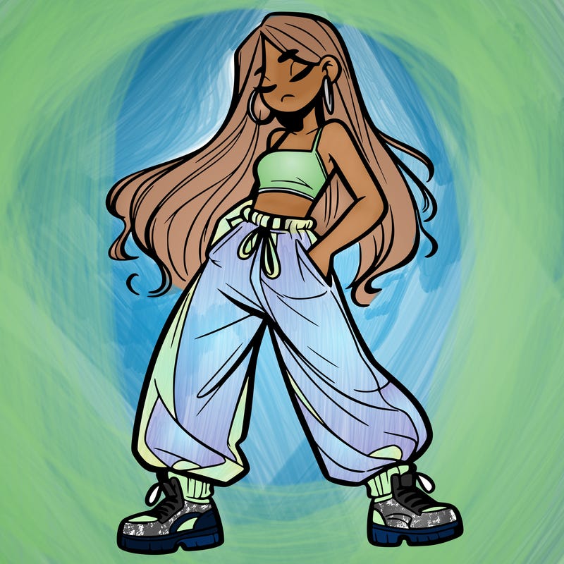 girl in baggy pants crop top and long hair