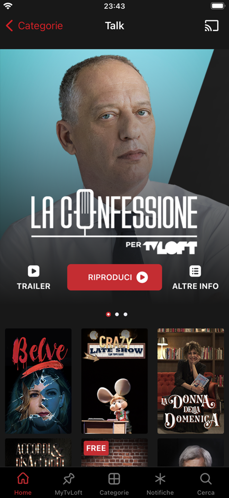 TvLoft - TvLoft app interface showing a list of Italian talk shows and investigative content.