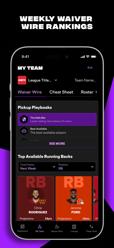 RotoWire Fantasy Football app screen showing weekly waiver wire rankings and top available running back projections.