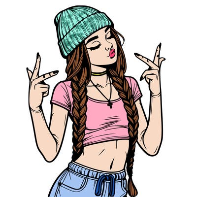 realistic teenage girl with braids and a beanie and crop top doing 🫶🏼