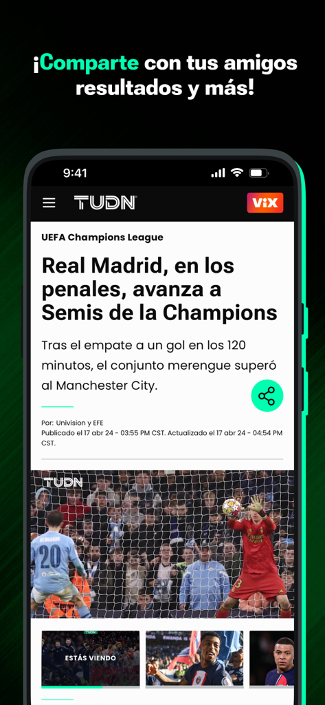 TUDN: TU Deportes Network - Pantalla de smartphone mostrando un artículo de noticias deportivas en español en la app TUDN sobre el Real Madrid avanzando en la Champions League.