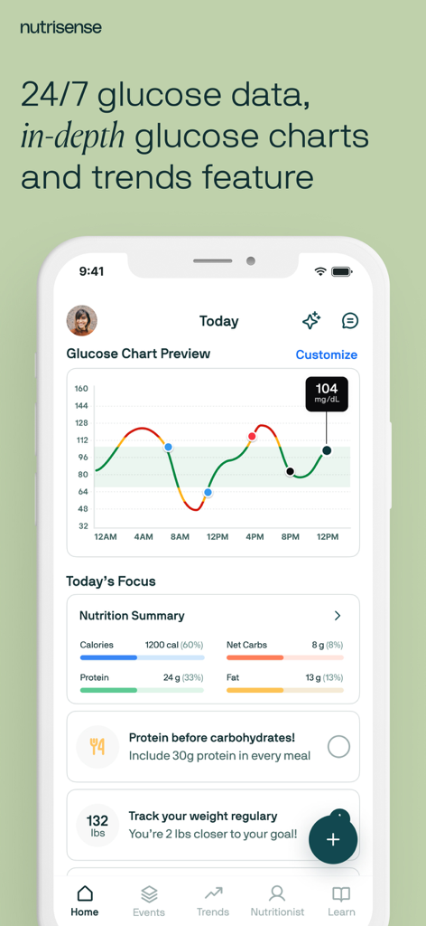 Painel do aplicativo Nutrisense mostrando tendências de glicose e resumo de nutrição