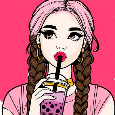 realistic girl with braided hair drinking boba