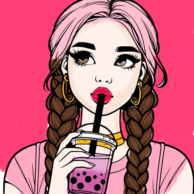 realistic girl with braided hair drinking boba