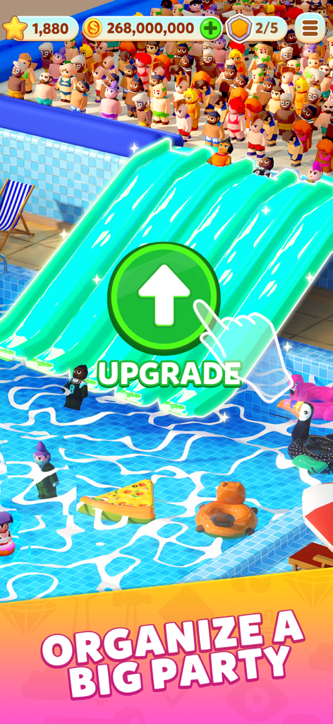 Carnival Tycoon: Coin Games - Una captura de pantalla del juego móvil de una fiesta en un parque acuático con un gran tobogán azul y un botón de mejora siendo presionado.