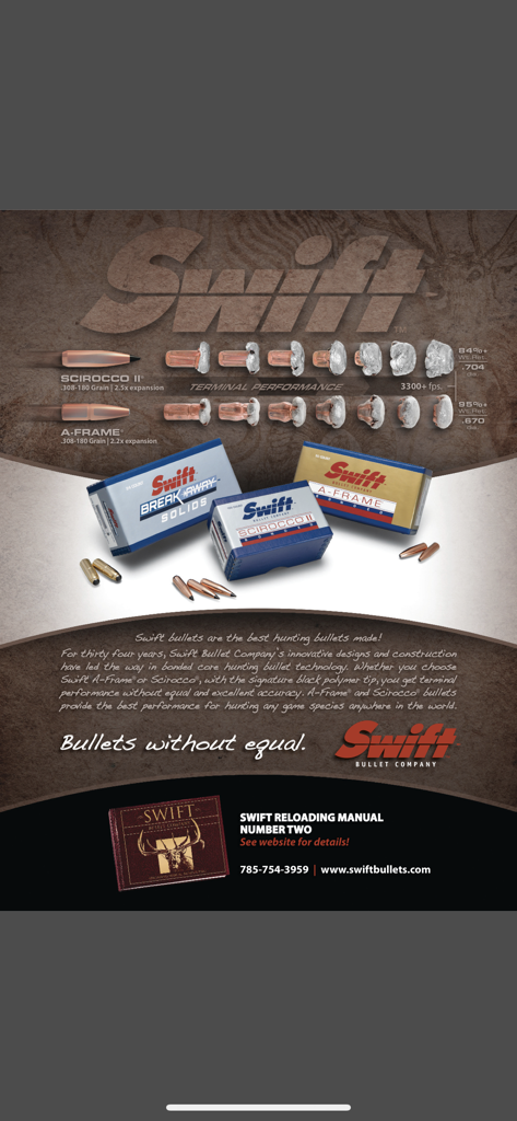 Swift Bullet Company advertisement showcasing terminal performance and reloading products