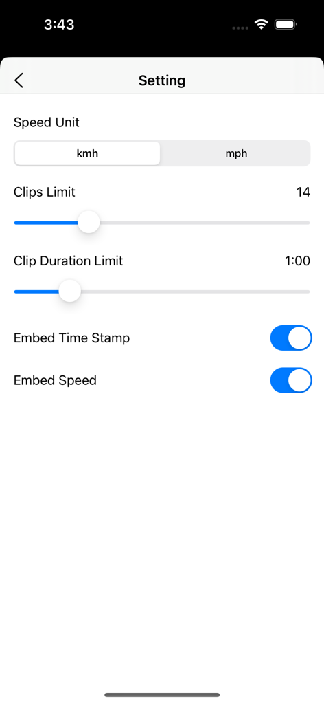 Dash Cam Plus - Dash Cam Plus app settings screen showing video recording preferences