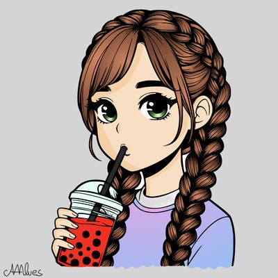 realistic girl with braided hair drinking boba