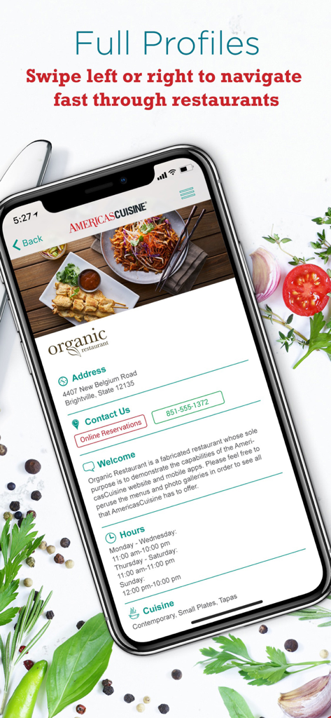 Tela de smartphone exibindo um perfil completo de restaurante com endereço, horário e detalhes de contato no aplicativo Greenville Dining