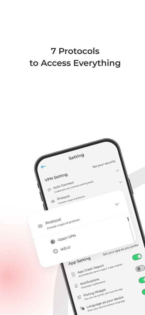 Symlex VPN settings screen showing various protocol options including Open VPN and IKEv2