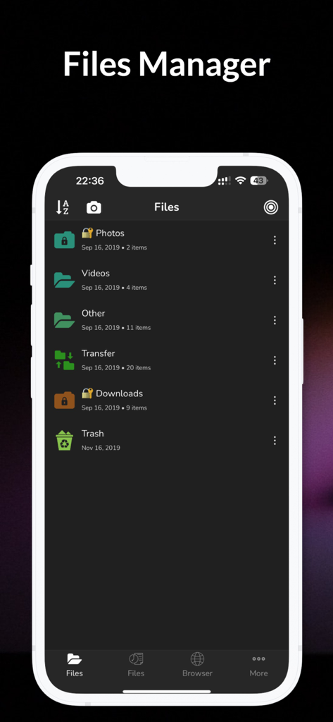 Interface of File Manager Browser app for iOS showing a list of organized folders in dark mode