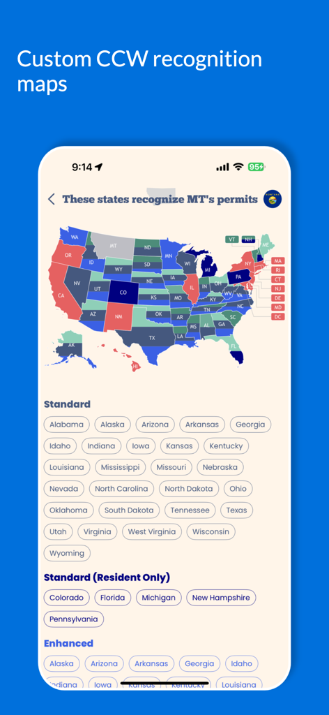 A mobile screen showing a US map highlighting states that recognize Montana CCW permits with categorized lists of states below.