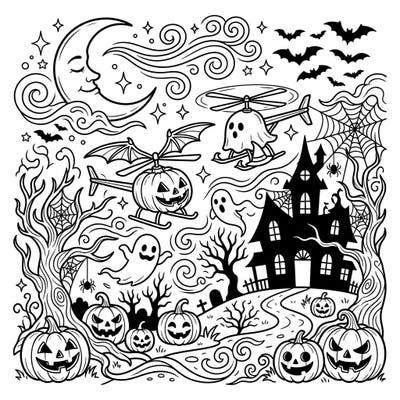 Get ready for a high-flying Halloween adventure with this unique coloring page featuring remote-controlled helicopters. Watch as pumpkin and ghost RC choppers navigate a whimsical spooky landscape filled with classic Halloween delights.