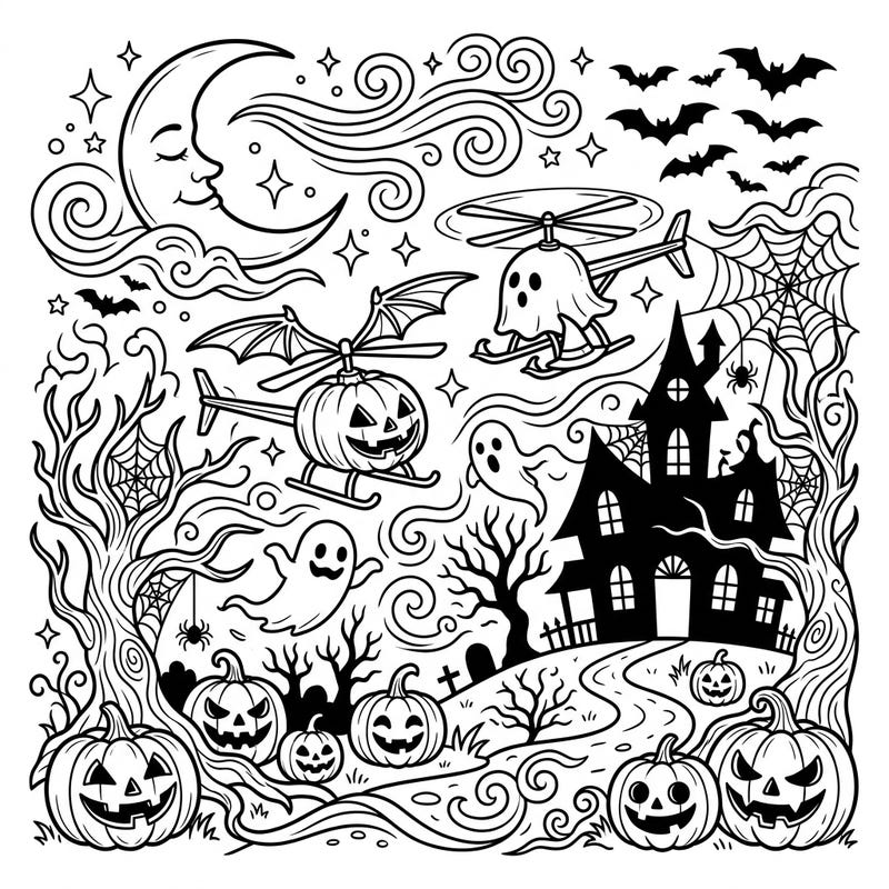 Get ready for a high-flying Halloween adventure with this unique coloring page featuring remote-controlled helicopters. Watch as pumpkin and ghost RC choppers navigate a whimsical spooky landscape filled with classic Halloween delights.