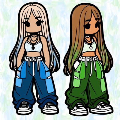 girl in baggy pants crop top and long hair