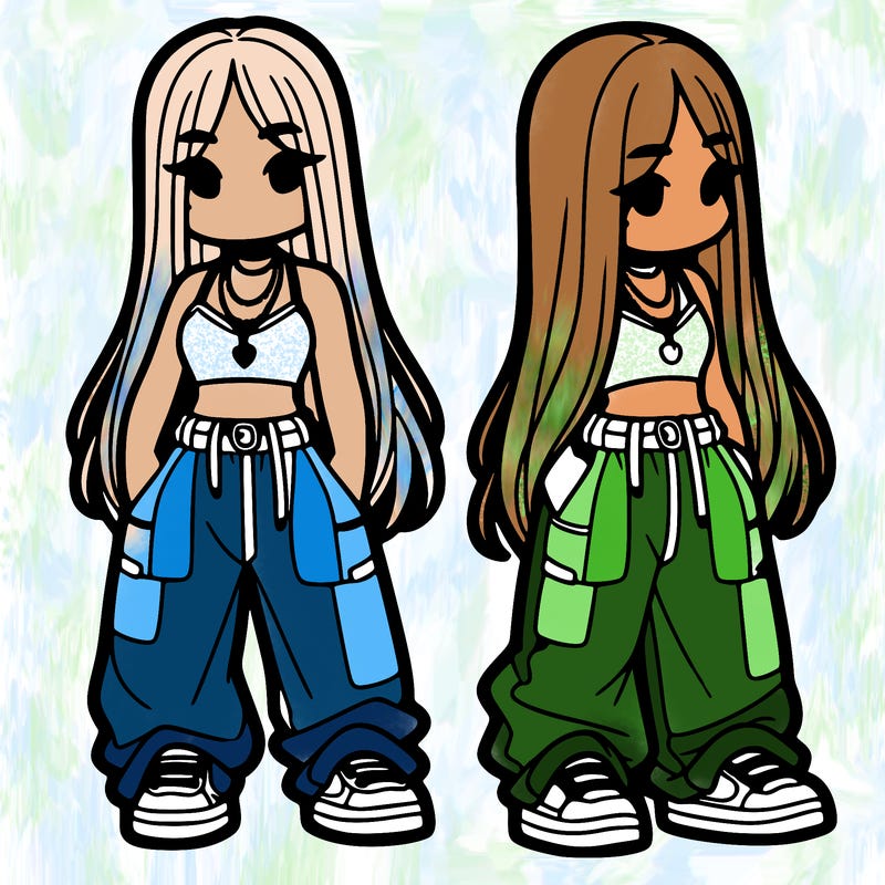 girl in baggy pants crop top and long hair