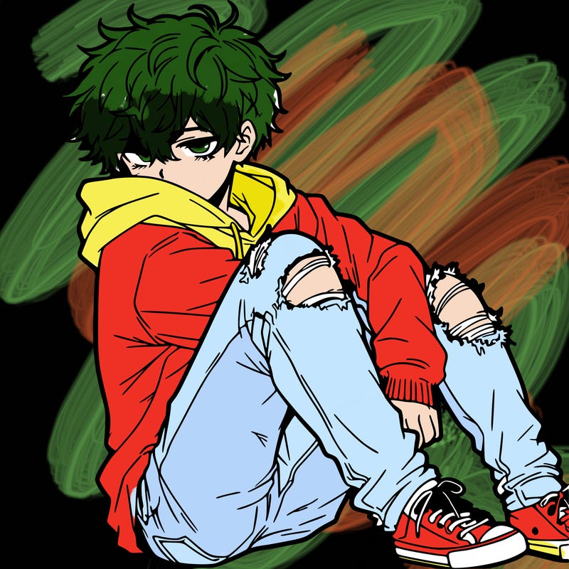 a male hoddie ripped jeans messy hair anime