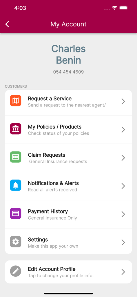 Enterprise Advantage - Enterprise Advantage mobile app account dashboard showing options for policies claims and payment history