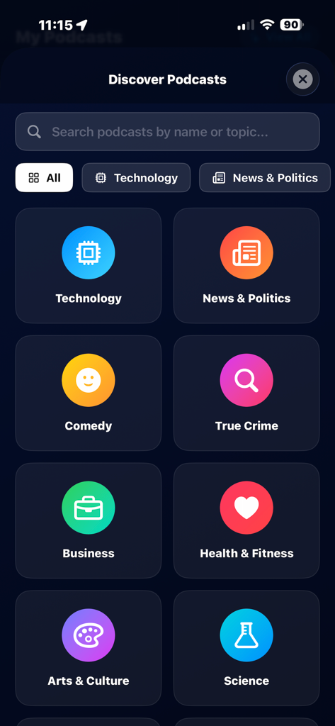 Modcast app discover screen showing various podcast categories like technology and true crime