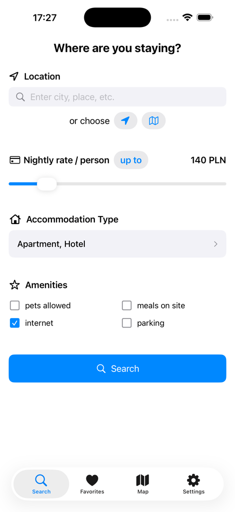 가격 및 편의 시설 필터가 있는 폴란드 호텔 및 아파트 예약용 meteor24 앱의 검색 인터페이스