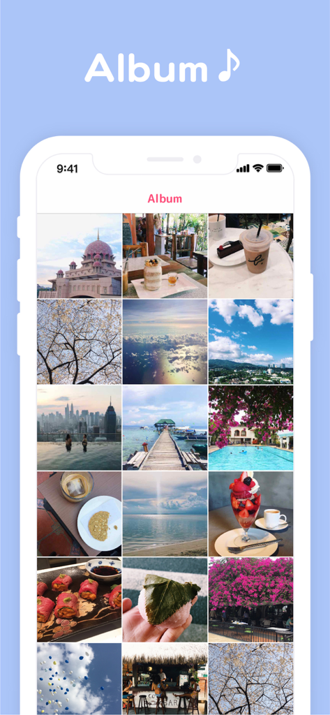 The photo album interface of the Diary Note app showing a grid of personal memories.