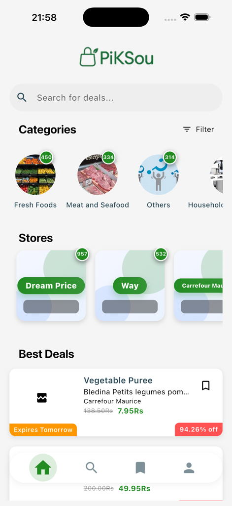 PiKSou - PiKSou mobile app interface showing grocery categories supermarket store listings and current discounts on food products
