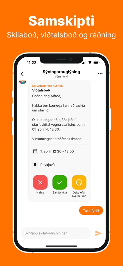 In-App-Nachricht von Alfred, die eine Einladung zu einem Vorstellungsgespräch mit Schaltflächen zum Akzeptieren, Ablehnen oder Verschieben anzeigt.