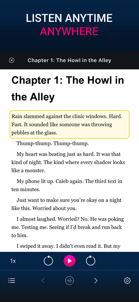 DearStory: Passion for Fiction - DearStoryアプリのインターフェース。ロマンス小説のテキストとオーディオブックプレーヤーのコントロールが表示されています。