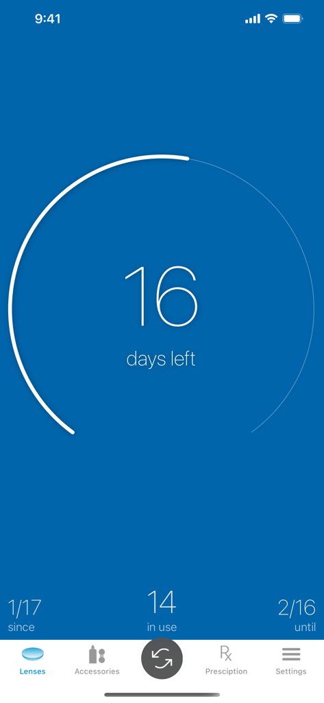 Hauptbildschirm der Kontaktlinsen Tracker App mit Anzeige von 16 verbleibenden Tagen für die Nutzung von Kontaktlinsen