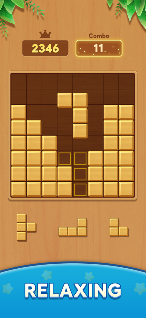Block Crush！ - Gameplay of Block Crush showing wooden blocks on a grid with a focus on relaxing logic puzzles
