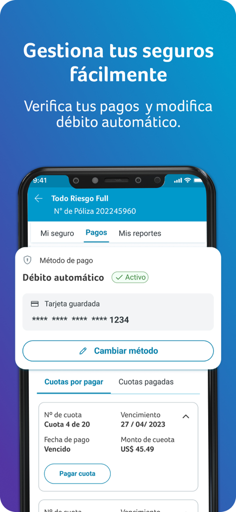 Mi Espacio Pacífico - Interface of the Mi Espacio Pacifico app for managing insurance payments and automatic debit settings