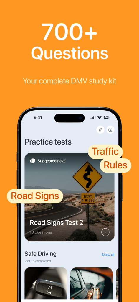 DMV Practice Test & Drivers Ed - DMV Practice Test app interface showing road signs and traffic rules study categories