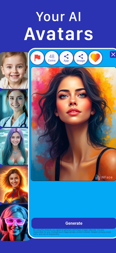 How Old Do I Look - Future Me - 子供、プロフェッショナル、ファンタジーキャラクターを含む、中央にカラフルなポートレートを持つ多様なAI生成アバターを示すモバイルアプリ画面。