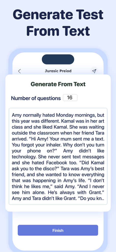 Quiz Maker : Learn With Tests - Interfaz que muestra la opción de generar una prueba a partir de un bloque de texto con un número especificado de preguntas.