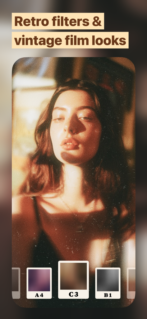 Retro filters and vintage film looks applied to a portrait selfie