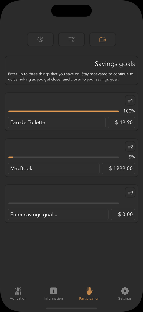 Savings goals interface tracking money saved from not smoking to buy items like a MacBook
