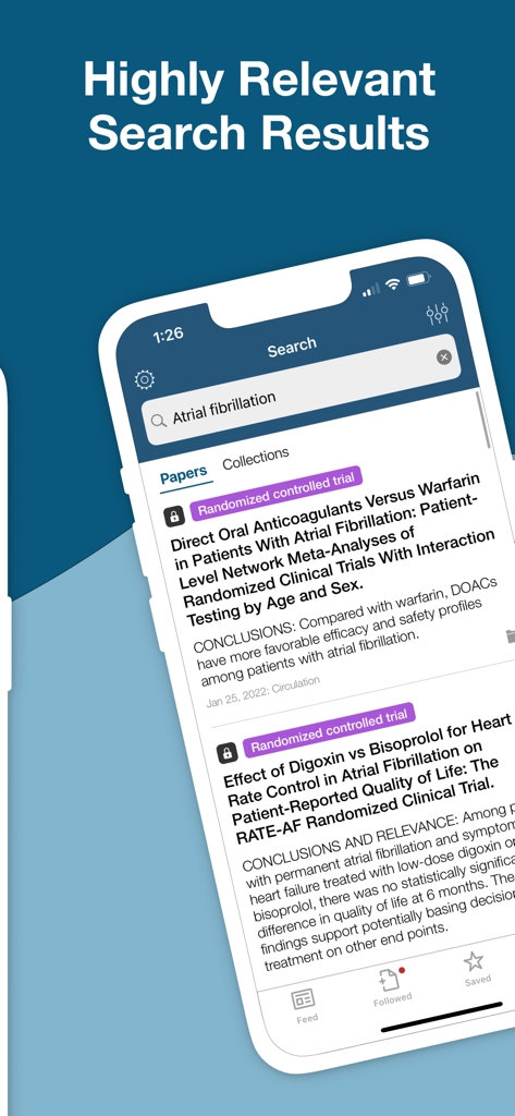 Read by QxMD - Mobile app interface showing medical research search results for atrial fibrillation