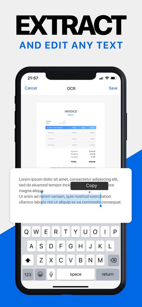 Mobile Scanner App interface showing OCR feature to extract and edit text from a scanned invoice