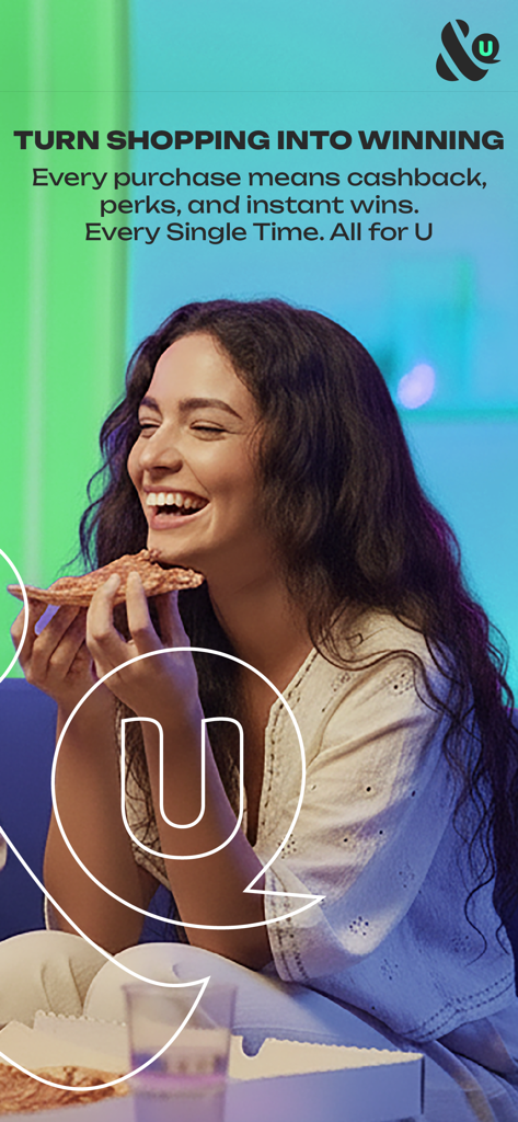 A smiling woman enjoying food with promotional text for the and U Loyalty app cashback rewards