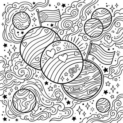 Embark on a cosmic journey of creativity and celebration with this unique Dwarf Planets Pride coloring page. Featuring celestial bodies adorned with symbols of love and diversity, it's perfect for artists of all ages to express themselves.