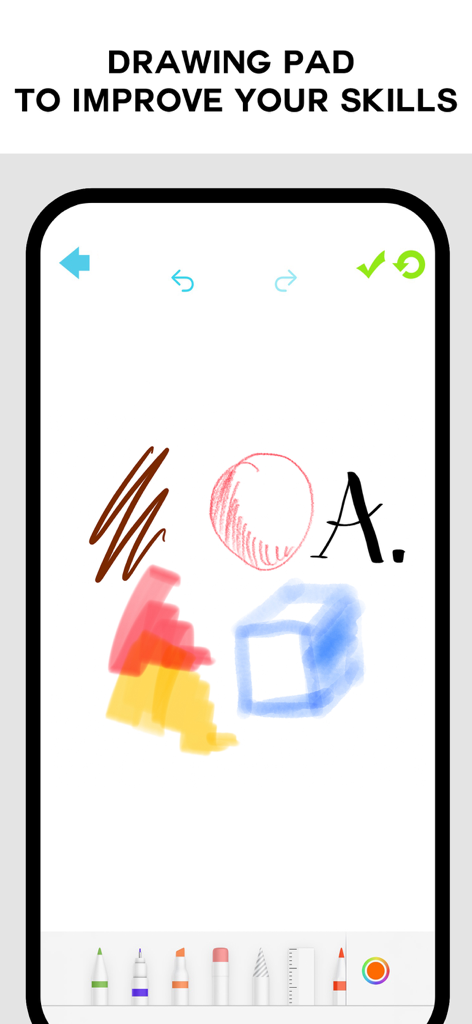 Una pantalla de smartphone que muestra la tableta de dibujo de la aplicación DrawingVibe con bocetos digitales de un círculo, un cubo y caligrafía, junto con herramientas de dibujo en la parte inferior.