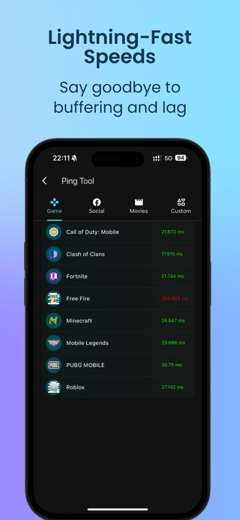 Captura de tela do aplicativo Thunder Pro VPN mostrando baixo ping para jogos em dispositivos móveis