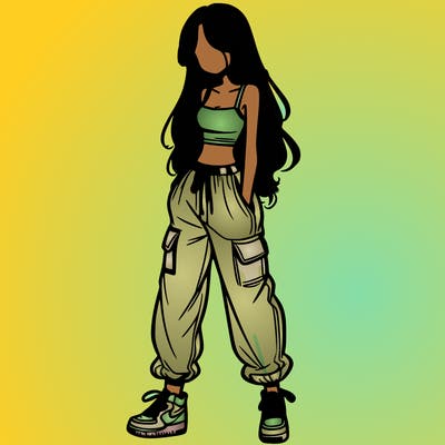 girl in baggy pants crop top and long hair