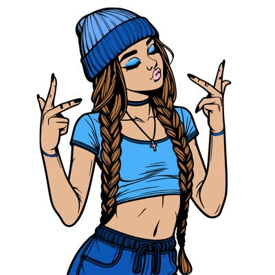 realistic teenage girl with braids and a beanie and crop top doing 🫶🏼