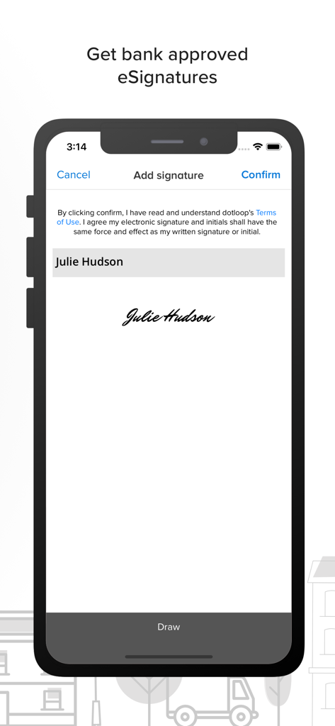 dotloop - Ein Smartphone-Bildschirm zeigt die dotloop App-Oberfläche zum Hinzufügen einer bank­zugelassenen digitalen Unterschrift zu einem Dokument.