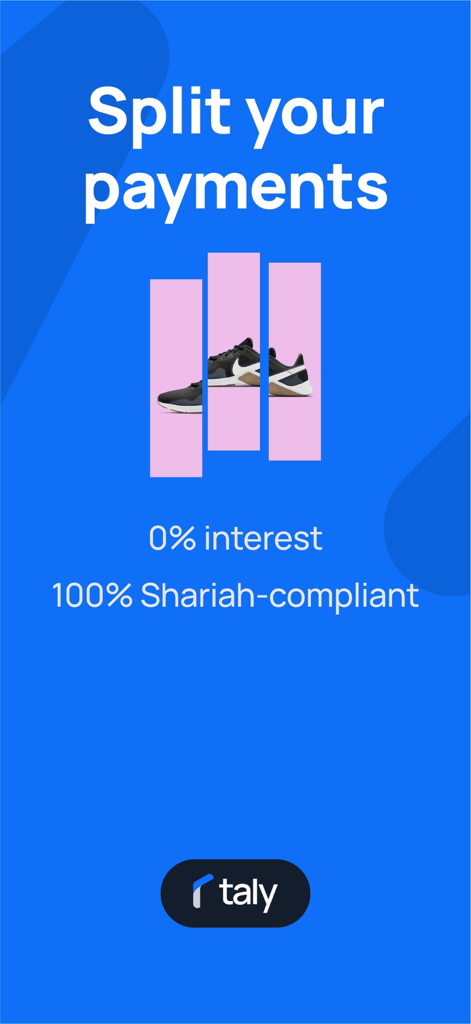 Taly | Split your payments - Schermata di promozione dell'app Taly che mostra la suddivisione dei pagamenti con un testo "senza interessi allo 0%" e "conforme alla Sharia al 100%"